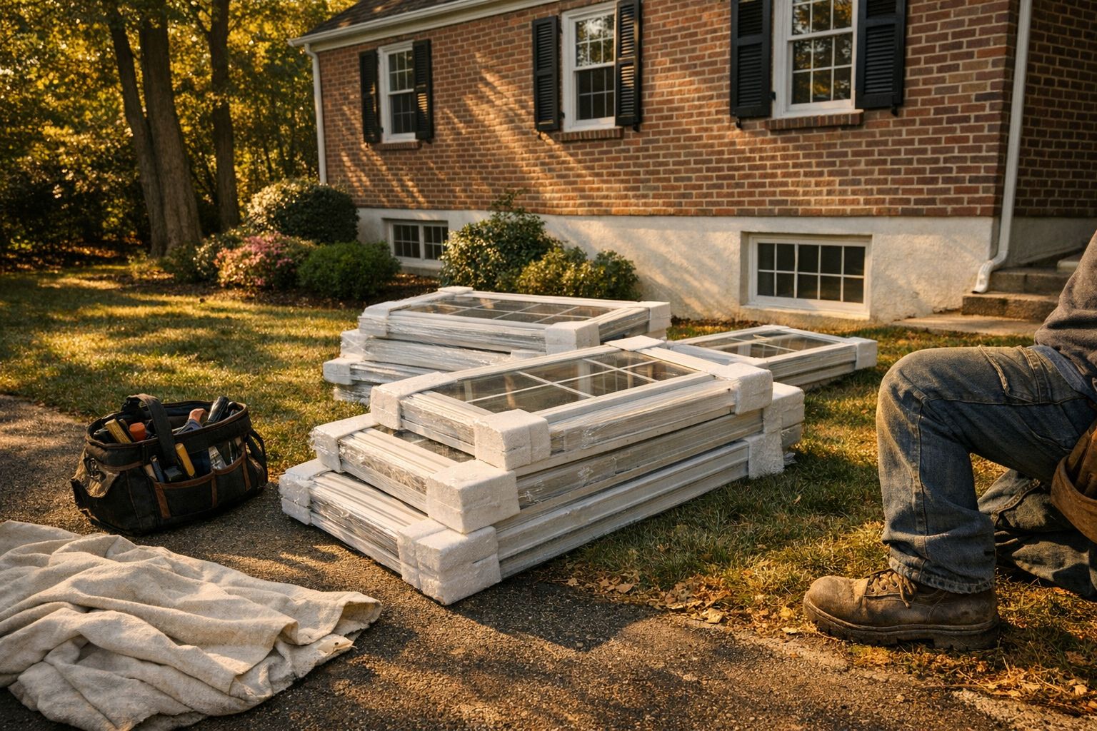 New replacement window units staged outside a brick colonial home in Silver Spring, MD